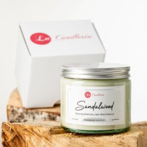 Sojas vaska svece Sandalwood burciņā ar smaržeļļām
